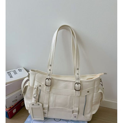 Faux Leather Plain Shoulder Bag With Tag