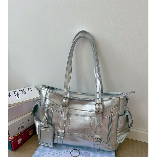 Faux Leather Plain Shoulder Bag With Tag