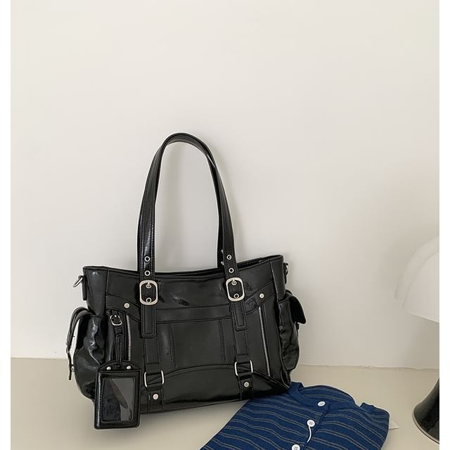 Faux Leather Plain Shoulder Bag With Tag