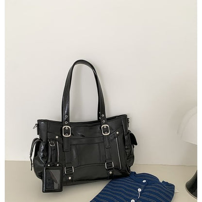 Faux Leather Plain Shoulder Bag With Tag