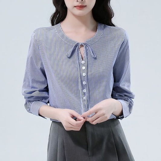 Long-Sleeve Round Neck Striped Blouse with Tie Front