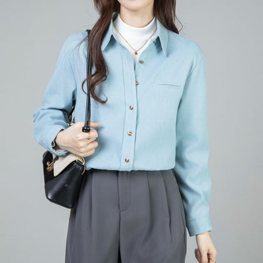 Long-Sleeve Collared Button-Up Blouse in Solid Color