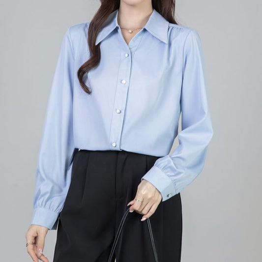 V-Neck Collared Button-Up Long-Sleeve Solid Blouse