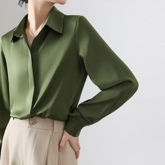 Button-Up Collared Long-Sleeve Satin Solid Blouse