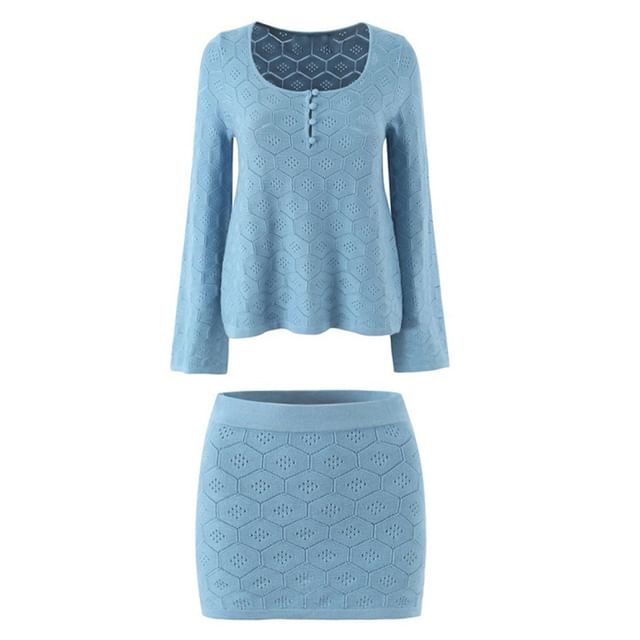 Long-Sleeve Scoop Neck Henley Pointelle Knit Top with Mini Skirt