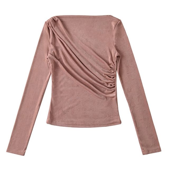 Long-Sleeve Boat Neck Ruched Slim Fit T-Shirt in Solid Color