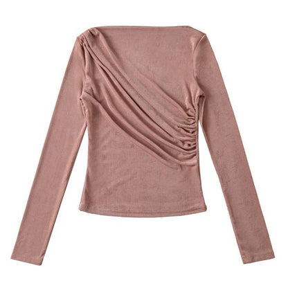 Long-Sleeve Boat Neck Ruched Slim Fit T-Shirt in Solid Color