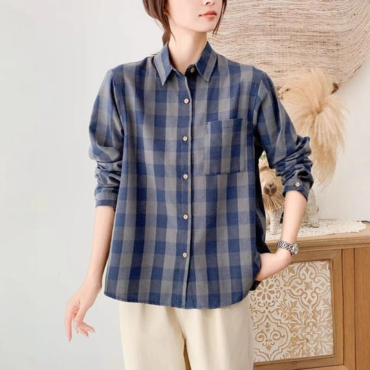 Long-Sleeve Collared Gingham Button-Up Blouse