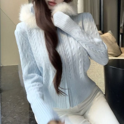 Fluffy Hooded Plain Zip Cardigan