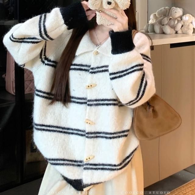 Collared Striped Toggle Cardigan