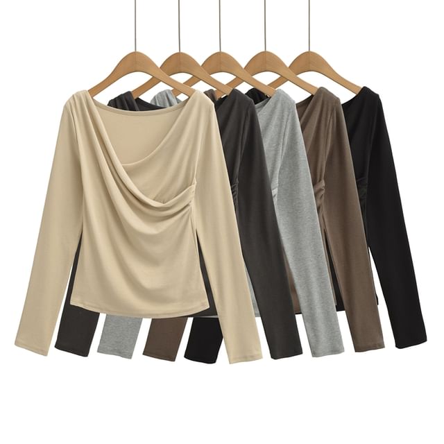 Ruched Long-Sleeve Solid Casual T-Shirt