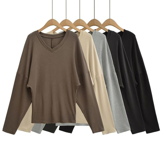 V-Neck Long-Sleeve Solid Basic T-Shirt