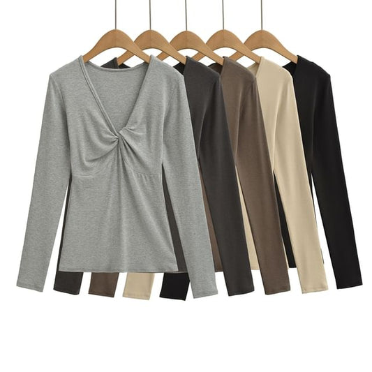 Ruched V-Neck Long-Sleeve Solid T-Shirt