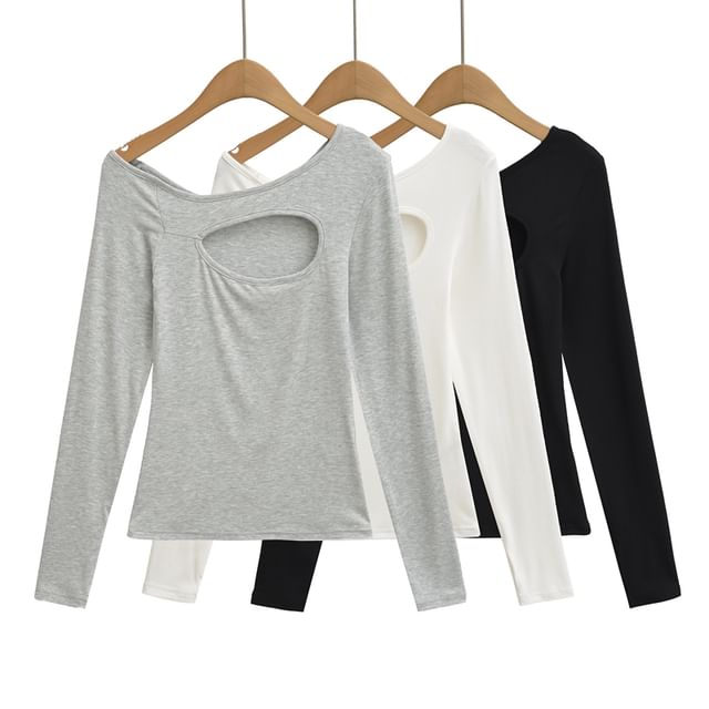 One-Shoulder Cutout Long Sleeve Plain Tee Shirt