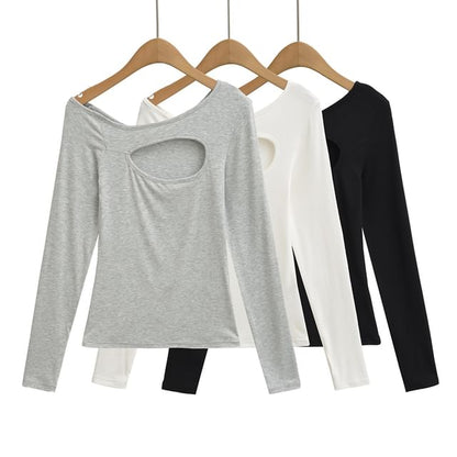 One-Shoulder Cutout Long Sleeve Plain Tee Shirt