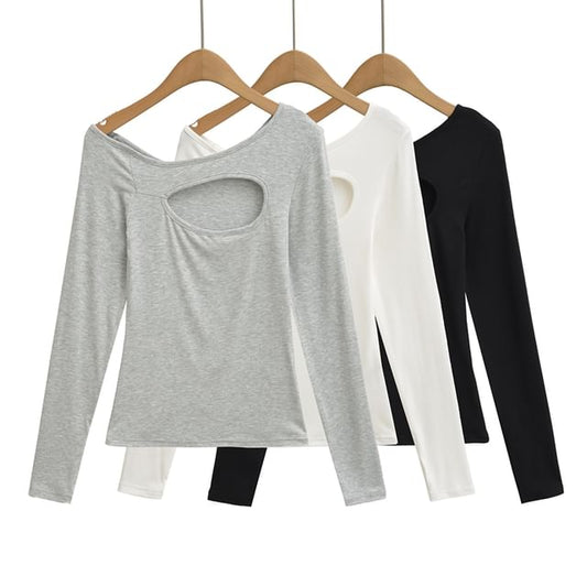 One-Shoulder Cutout Long Sleeve Plain Tee Shirt