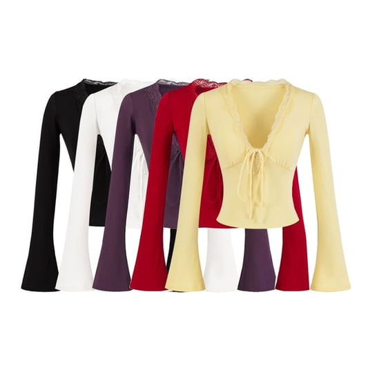 V-Neck Lace-Trim Flared-Sleeve Solid T-Shirt