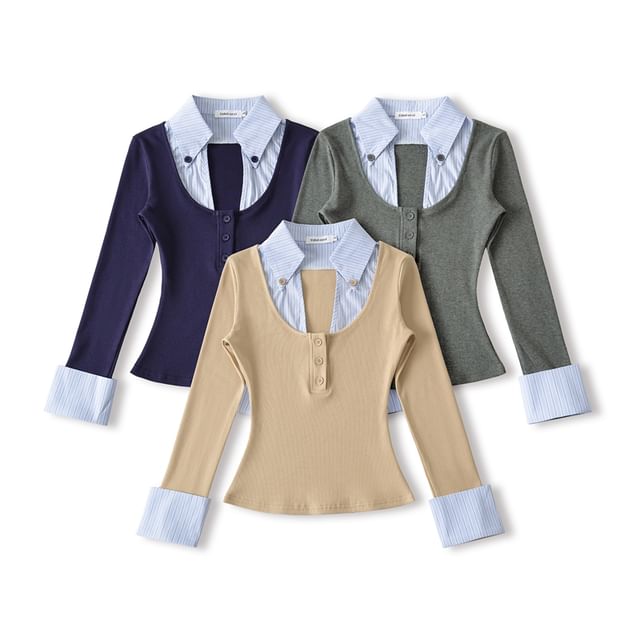 Striped Panel Mock-Layer Long-Sleeve Collared T-Shirt