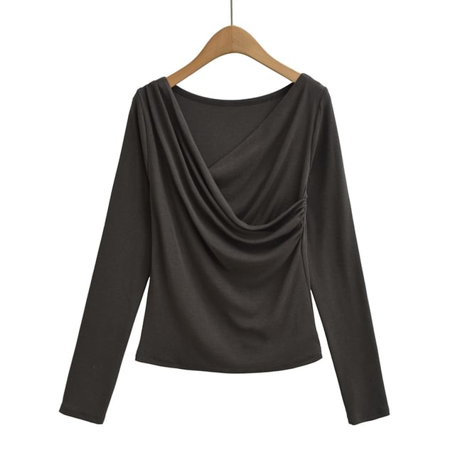 Ruched Long-Sleeve Solid Casual T-Shirt