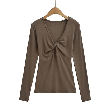 Ruched V-Neck Long-Sleeve Solid T-Shirt