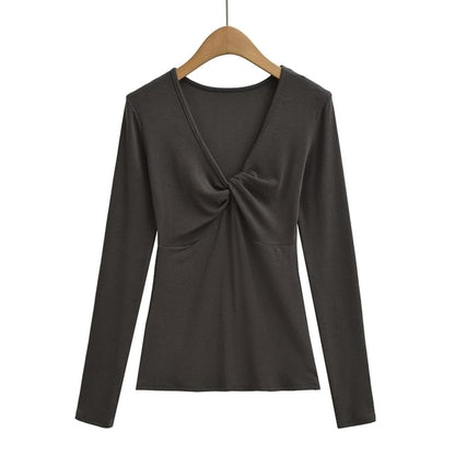 Ruched V-Neck Long-Sleeve Solid T-Shirt
