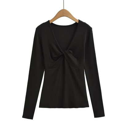 Ruched V-Neck Long-Sleeve Solid T-Shirt