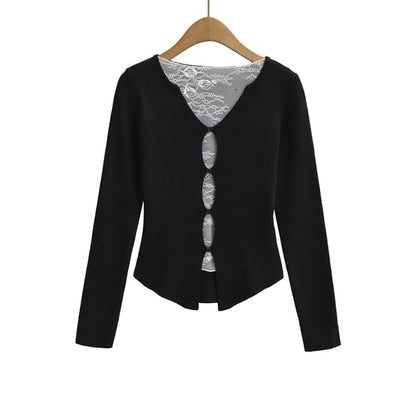 Boat-Neck Lace-Panel Long-Sleeve Solid Knit Top