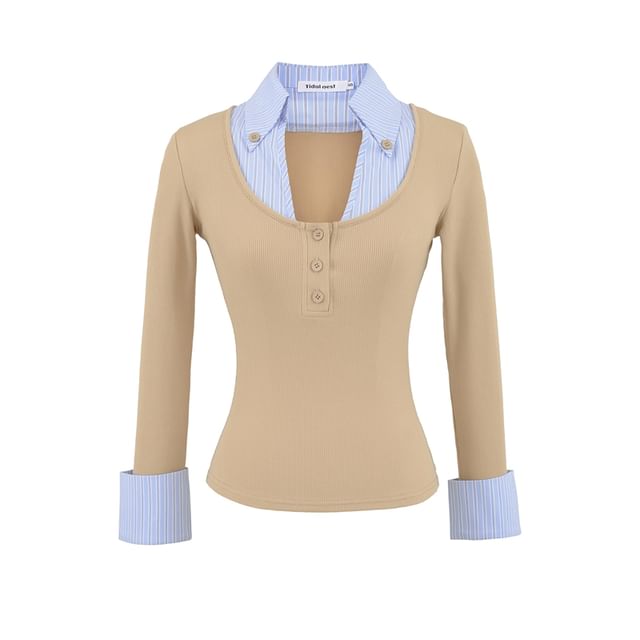 Striped Panel Mock-Layer Long-Sleeve Collared T-Shirt
