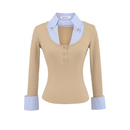 Striped Panel Mock-Layer Long-Sleeve Collared T-Shirt