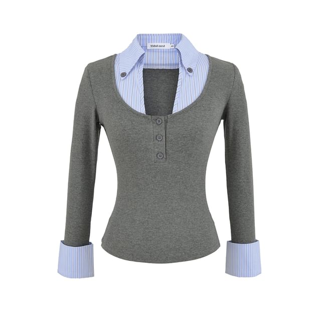Striped Panel Mock-Layer Long-Sleeve Collared T-Shirt