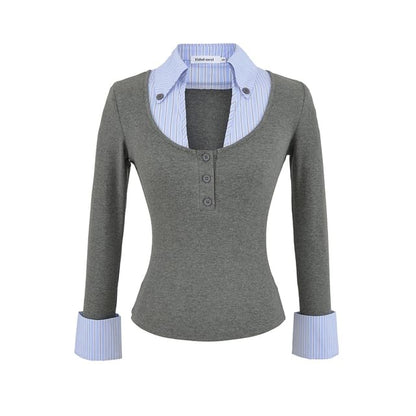 Striped Panel Mock-Layer Long-Sleeve Collared T-Shirt