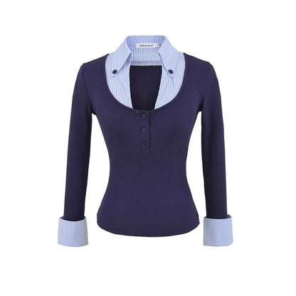 Striped Panel Mock-Layer Long-Sleeve Collared T-Shirt