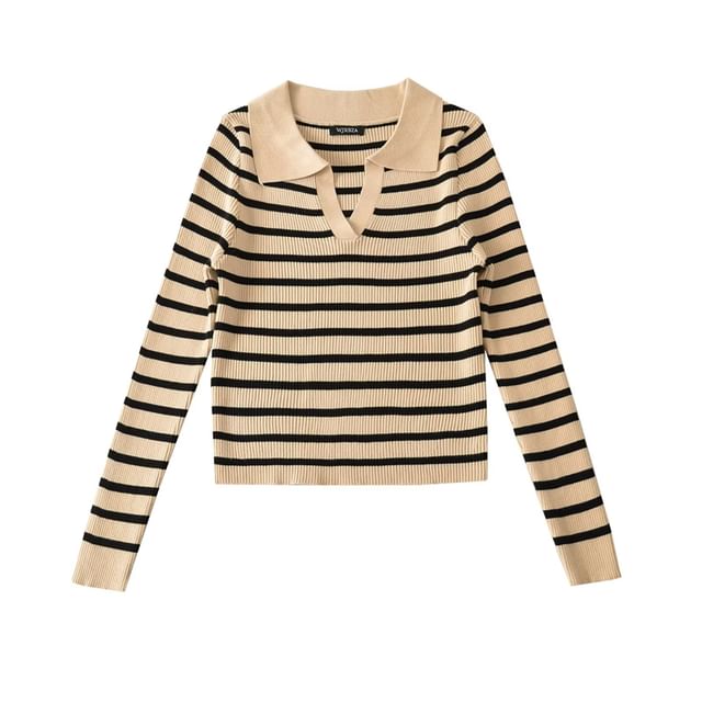 Striped Ribbed-Knit Collared Long-Sleeve Top