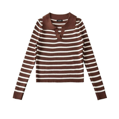 Striped Ribbed-Knit Collared Long-Sleeve Top