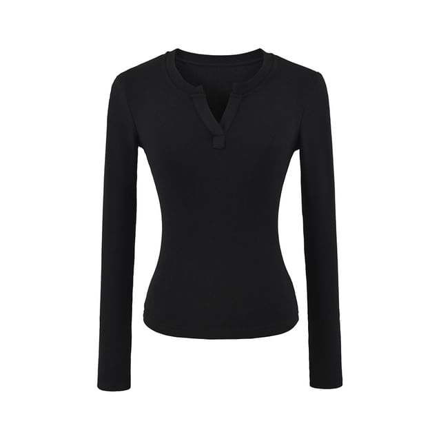 Notch-Neck Long-Sleeve Solid Basic Tee