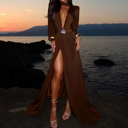 Long-Sleeve Deep V-Neck Plain Buckled Slit Maxi A-Line Dress