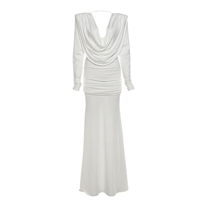Long-Sleeve Cowl Neck Plain Open Back Maxi Sheath Dress