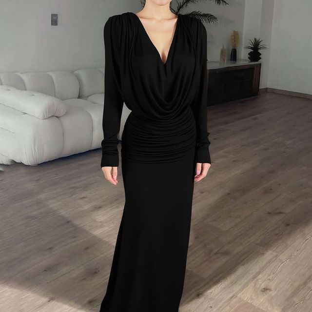 Long-Sleeve Cowl Neck Plain Open Back Maxi Sheath Dress