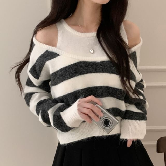 Striped Cold-Shoulder Mock-Layer Knitted Sweater