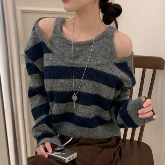 Striped Cold-Shoulder Mock-Layer Knitted Sweater