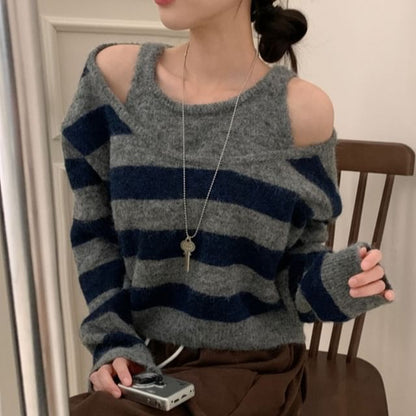 Striped Cold-Shoulder Mock-Layer Knitted Sweater