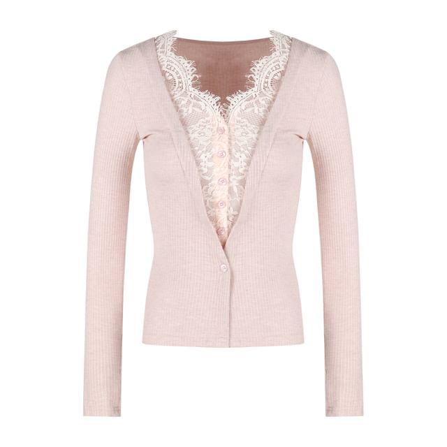 V-Neck Plain Lace Trim Mock Two-Piece Cardigan