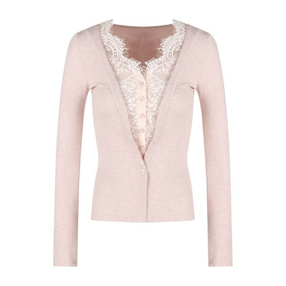 V-Neck Plain Lace Trim Mock Two-Piece Cardigan