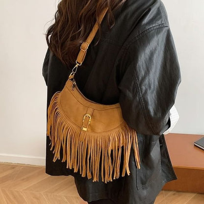 Buckled Fringed Hem Shoulder Bag