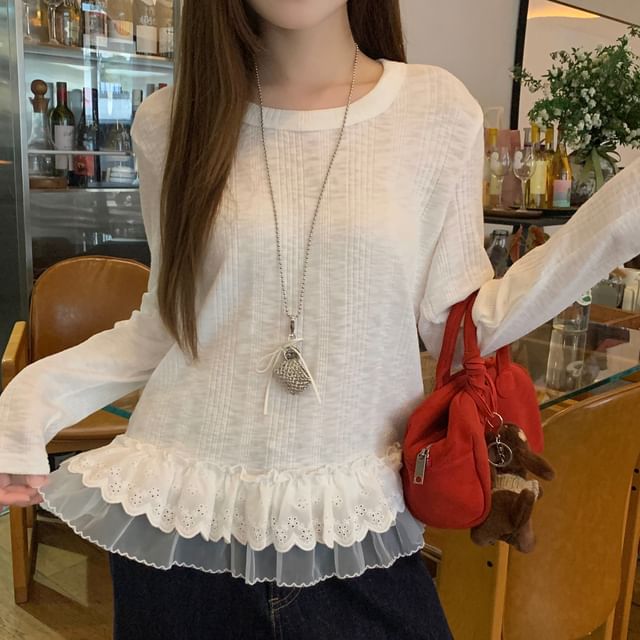 Round Neck Ruffle Panel Long Sleeve Top