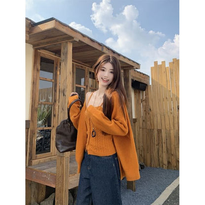Set: Plain Cable Knit Slim-Fit Camisole Top + Long Sleeve Cardigan