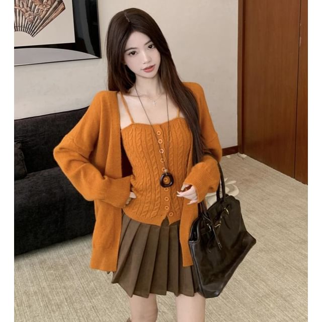 Set: Plain Cable Knit Slim-Fit Camisole Top + Long Sleeve Cardigan