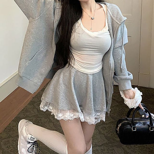Oversized Zip Hoodie & Lace Trim Mini Skirt