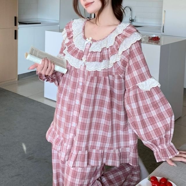 Plaid Lace Ruffle Button-Up Pajama Set