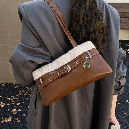 Fleece Panel Faux Leather Shoulder Bag